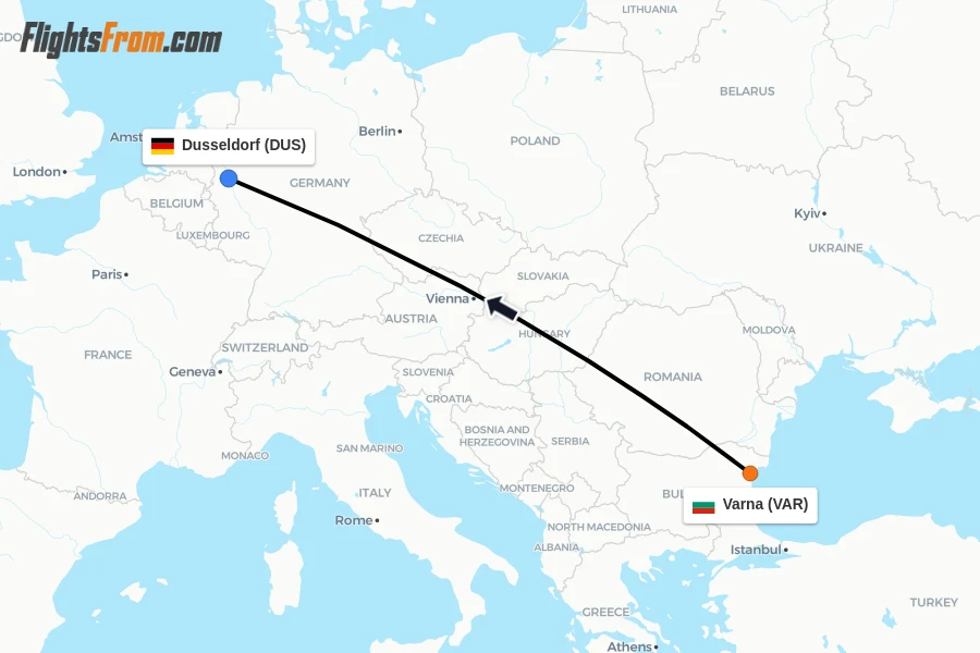 Flights from Varna to Dusseldorf route map