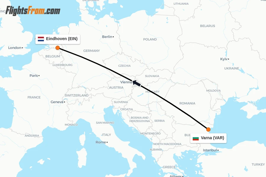Flights from Varna to Eindhoven route map