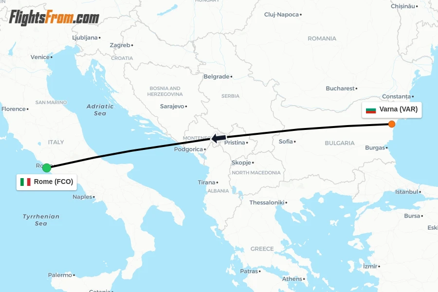 Flights from Varna to Rome route map