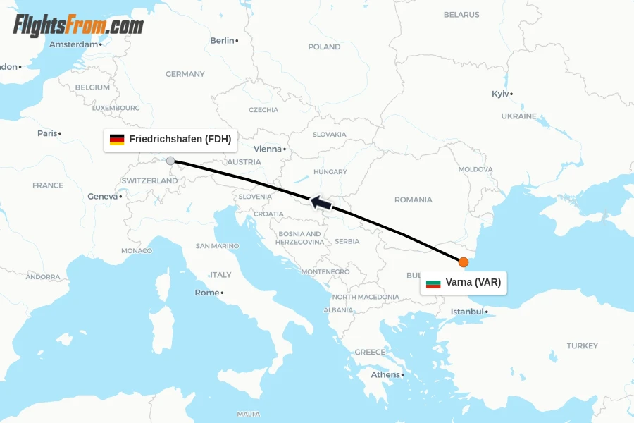 Flights from Varna to Friedrichshafen route map