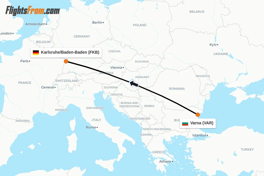 Flights from Varna to Karlsruhe/Baden-Baden route map