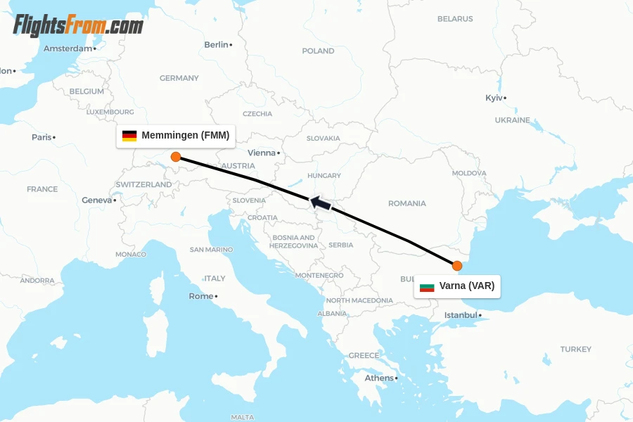 Flights from Varna to Memmingen route map