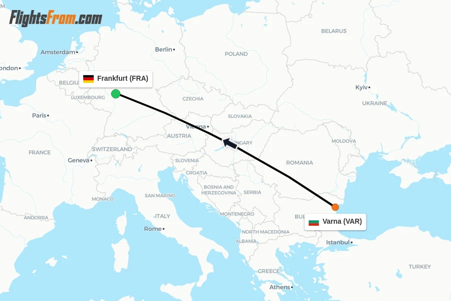 Flights from Varna to Frankfurt route map
