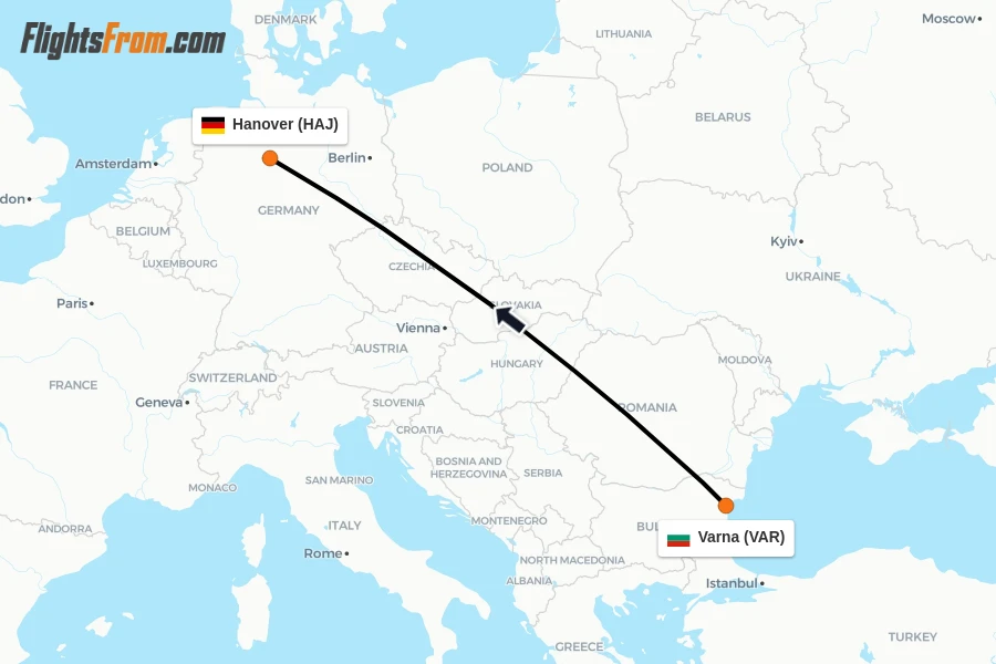 Flights from Varna to Hanover route map