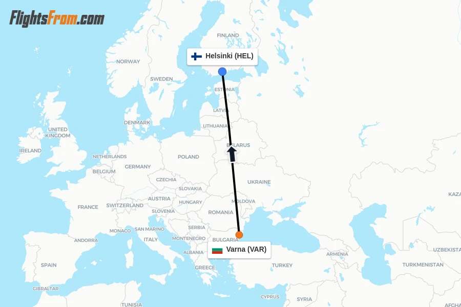 Flights from Varna to Helsinki route map