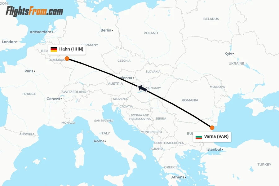 Flights from Varna to Hahn route map
