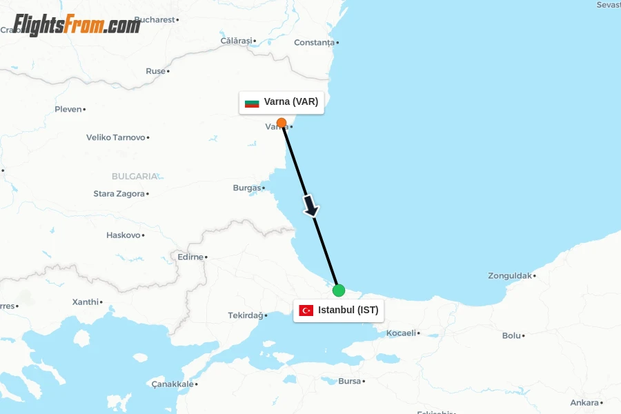 Flights from Varna to Istanbul route map