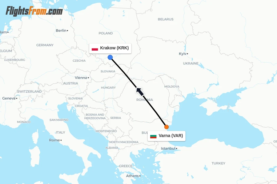 Flights from Varna to Krakow route map