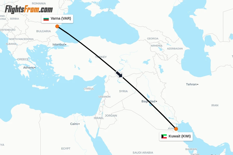 Flights from Varna to Kuwait route map