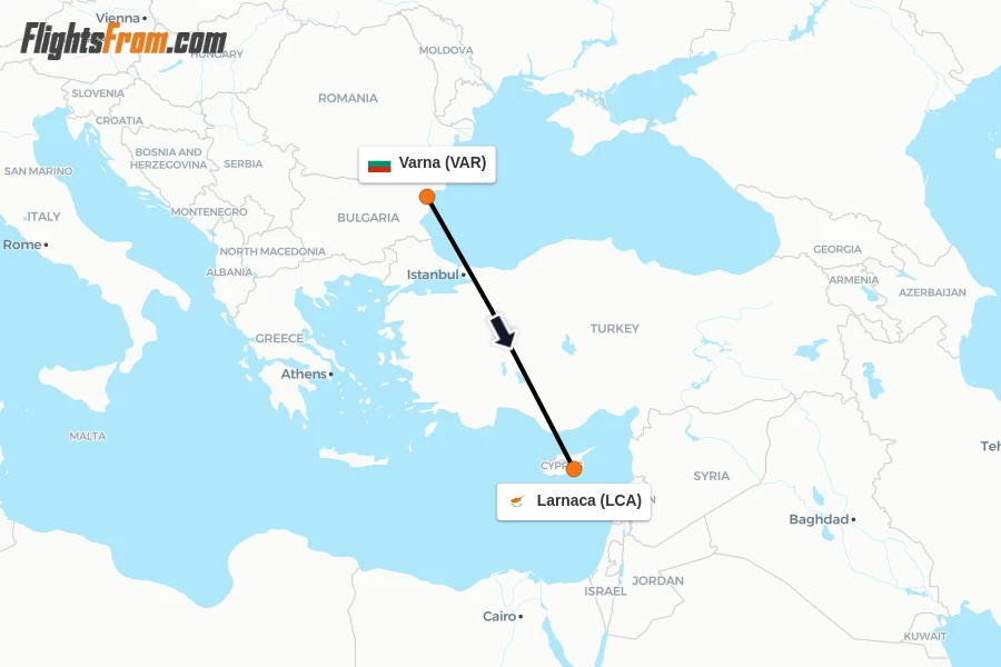 Flights from Varna to Larnaca route map