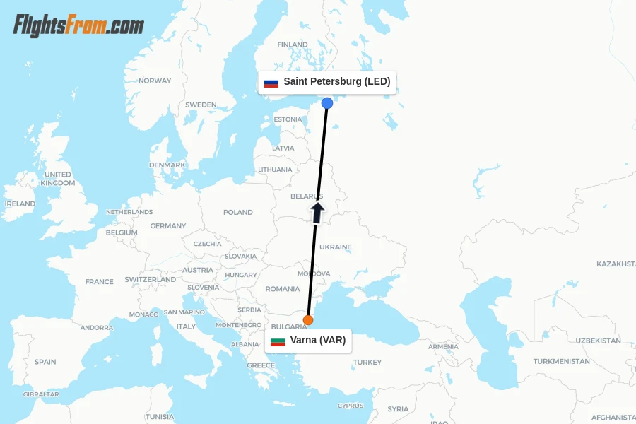 Flights from Varna to Saint Petersburg route map