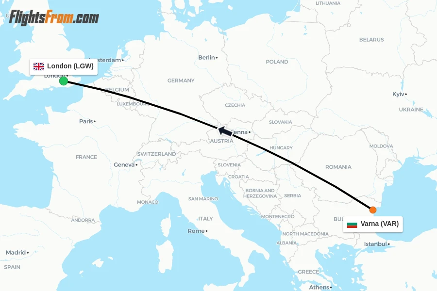 Flights from Varna to London route map
