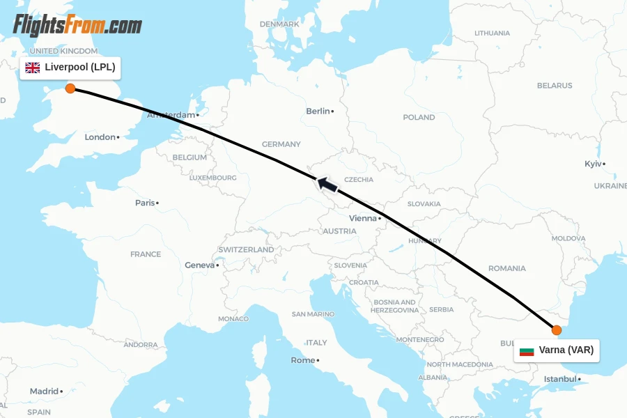 Flights from Varna to Liverpool route map