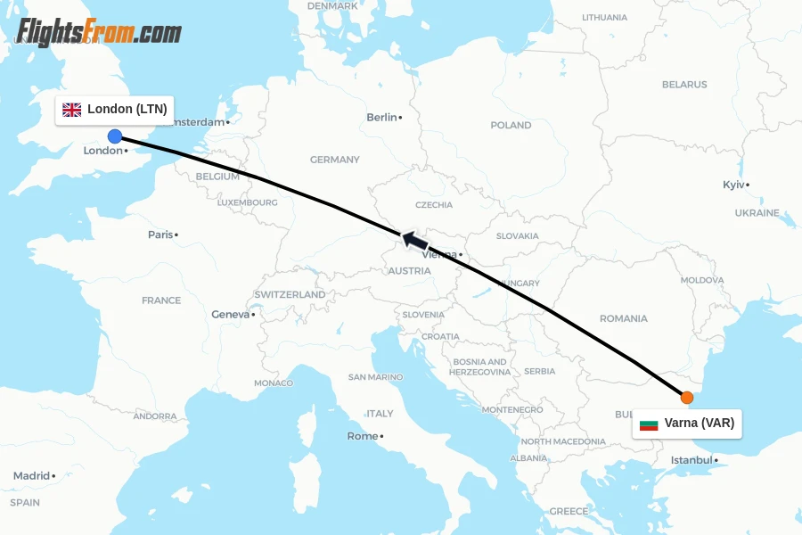 Flights from Varna to London route map