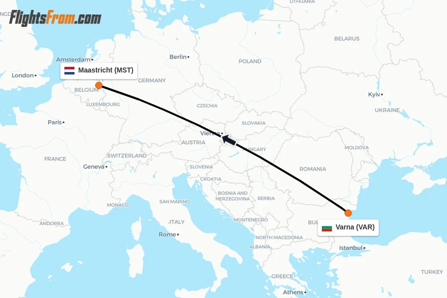 Flights from Varna to Maastricht route map