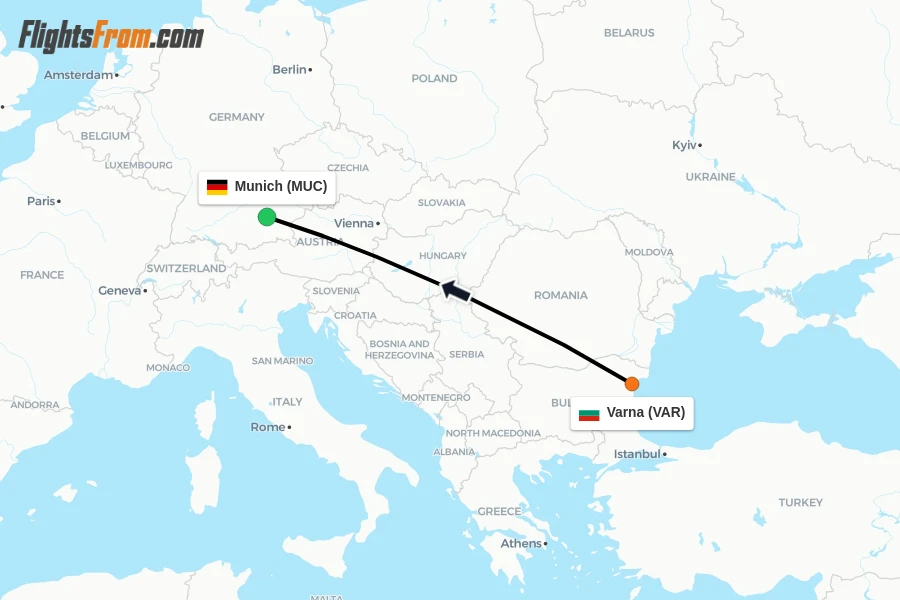 Flights from Varna to Munich route map