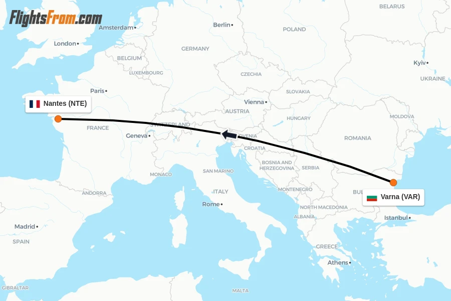 Flights from Varna to Nantes route map