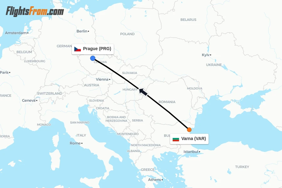 Flights from Varna to Prague route map