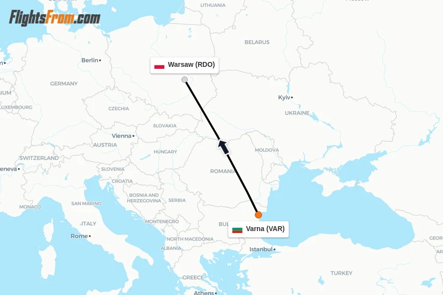 Flights from Varna to Warsaw route map