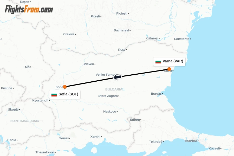Flights from Varna to Sofia route map
