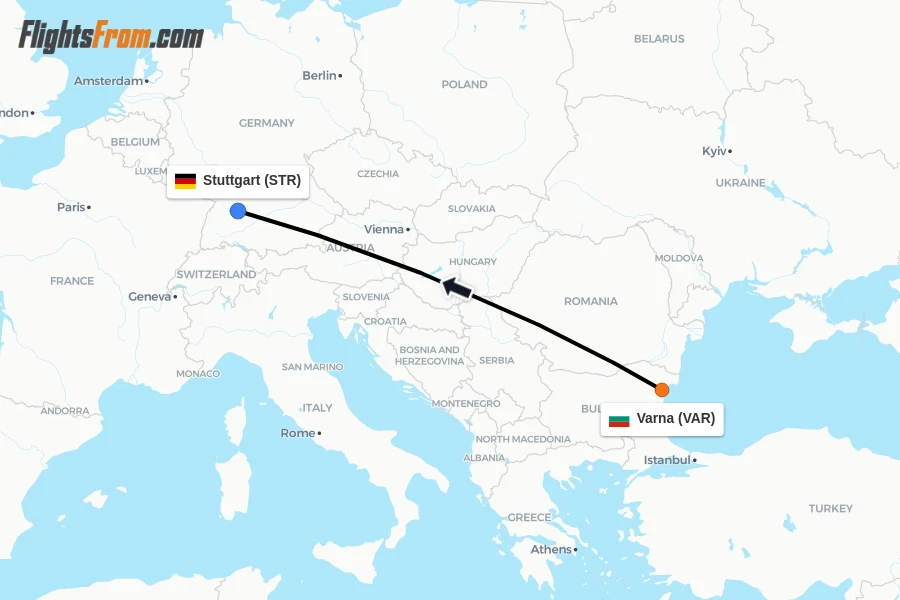 Flights from Varna to Stuttgart route map