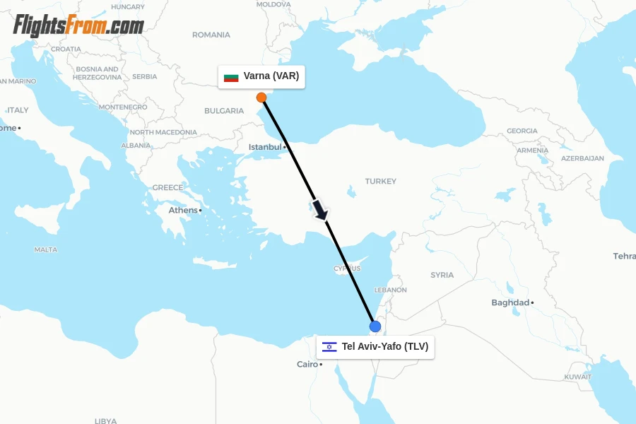 Flights from Varna to Tel Aviv-Yafo route map