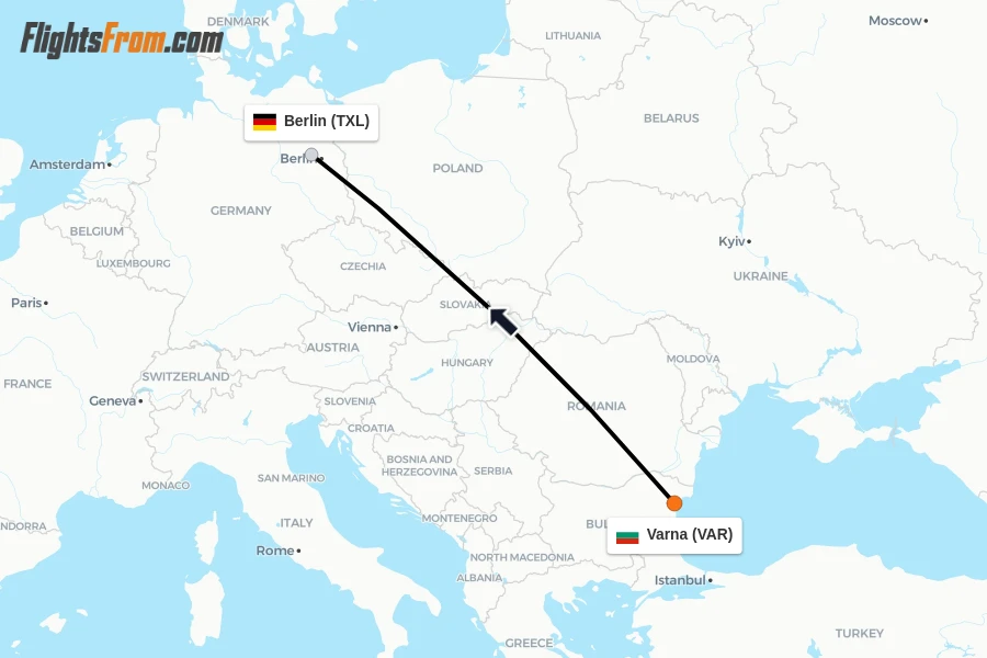 Flights from Varna to Berlin route map