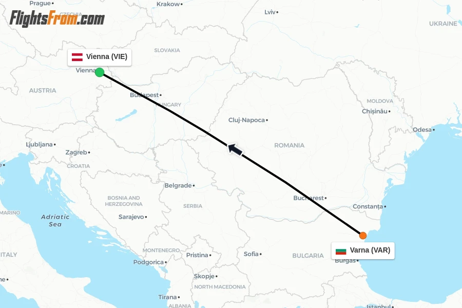 Flights from Varna to Vienna route map