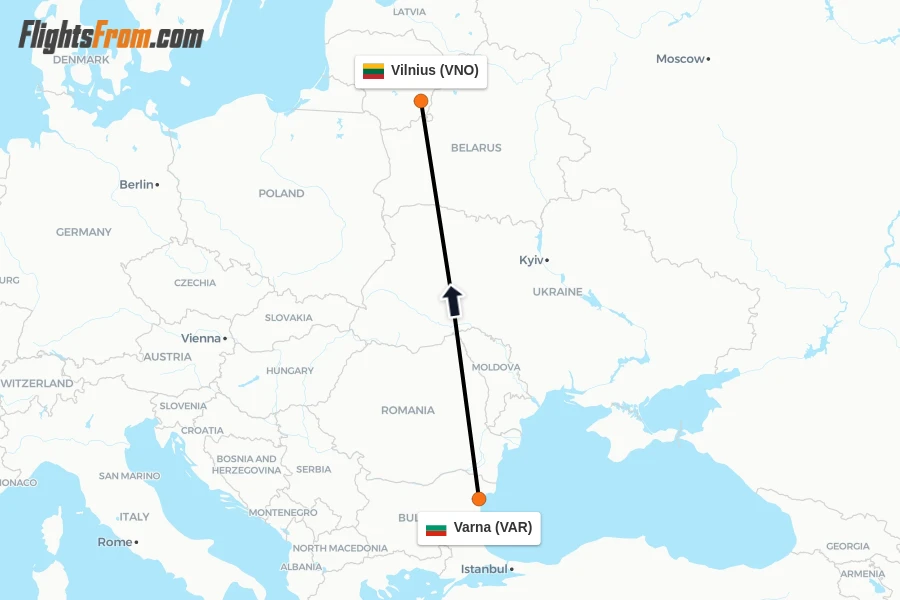 Flights from Varna to Vilnius route map