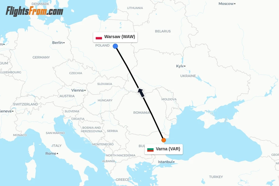 Flights from Varna to Warsaw route map