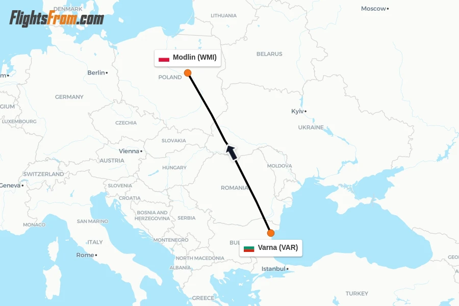 Flights from Varna to Modlin route map
