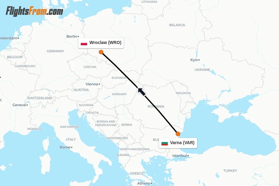 Flights from Varna to Wroclaw route map