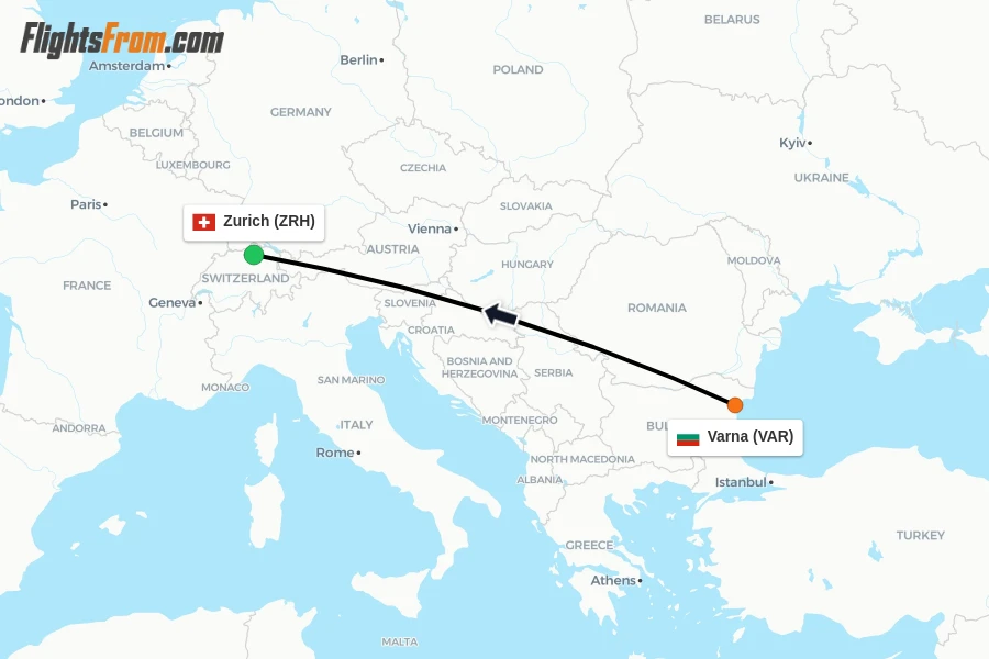 Flights from Varna to Zurich route map