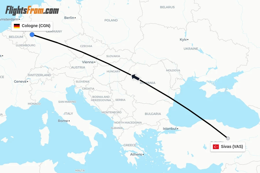 Flights from Sivas to Cologne route map