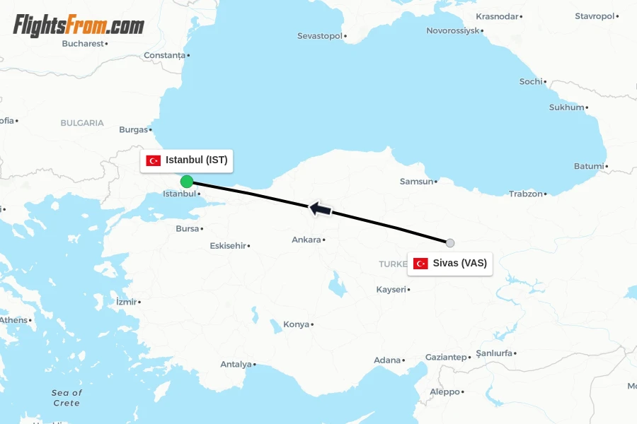 Flights from Sivas to Istanbul route map