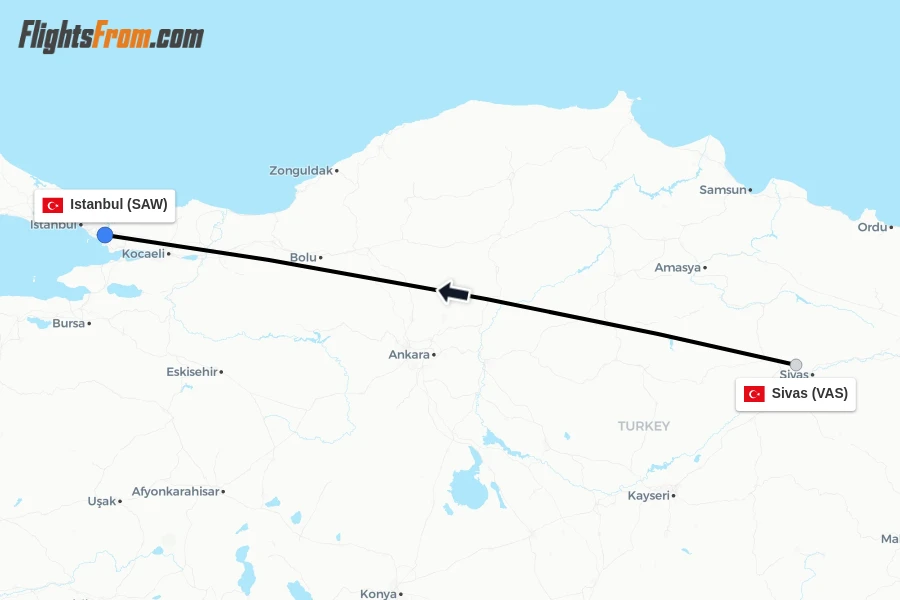 Flights from Sivas to Istanbul route map