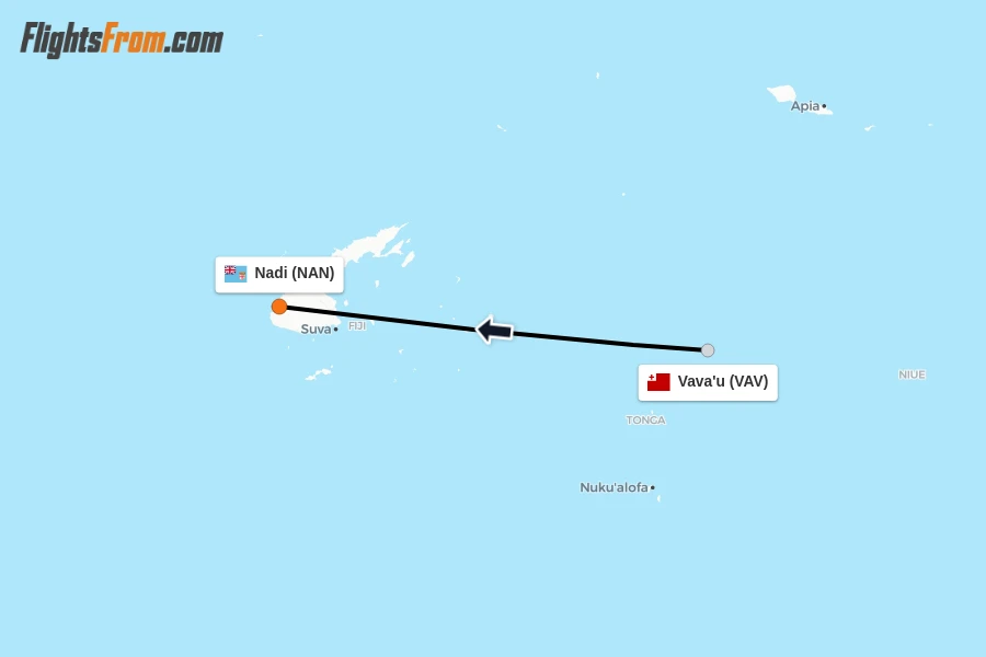Flights from Vava'u to Nadi route map