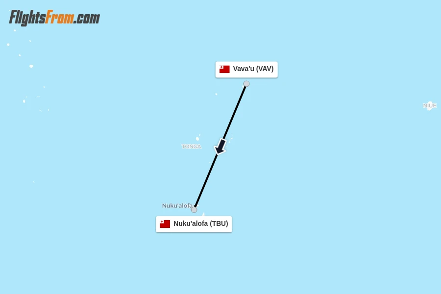 Flights from Vava'u to Nuku'alofa route map