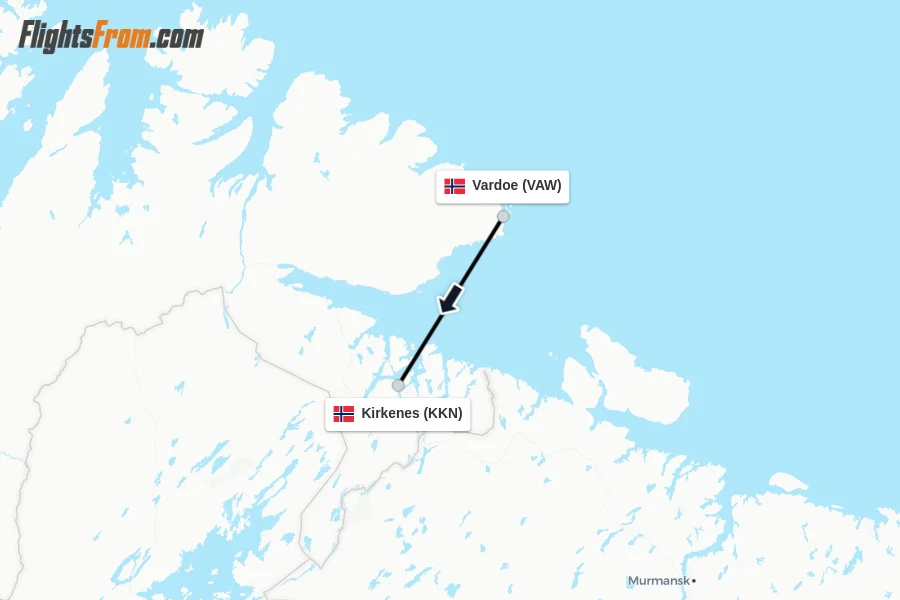 Flights from Vardoe to Kirkenes route map