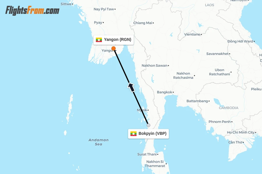 Flights from Bokpyin to Yangon route map