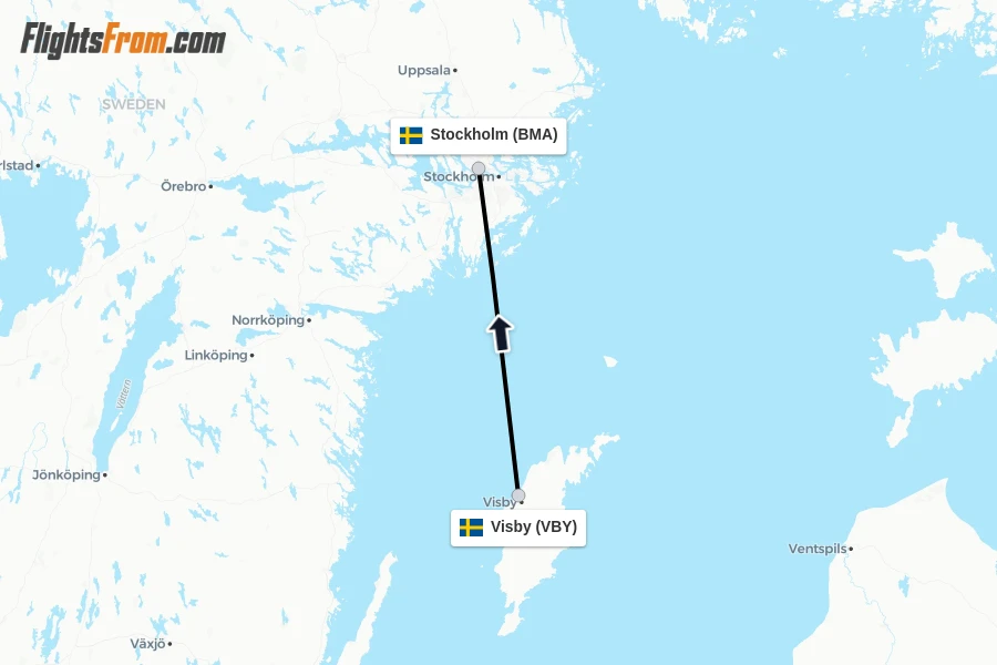 Flights from Visby to Stockholm route map