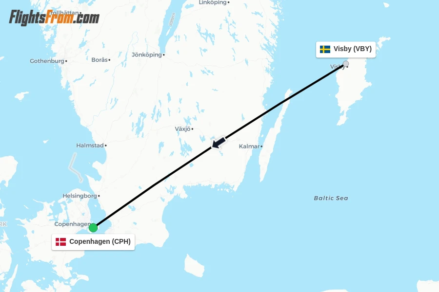 Flights from Visby to Copenhagen route map