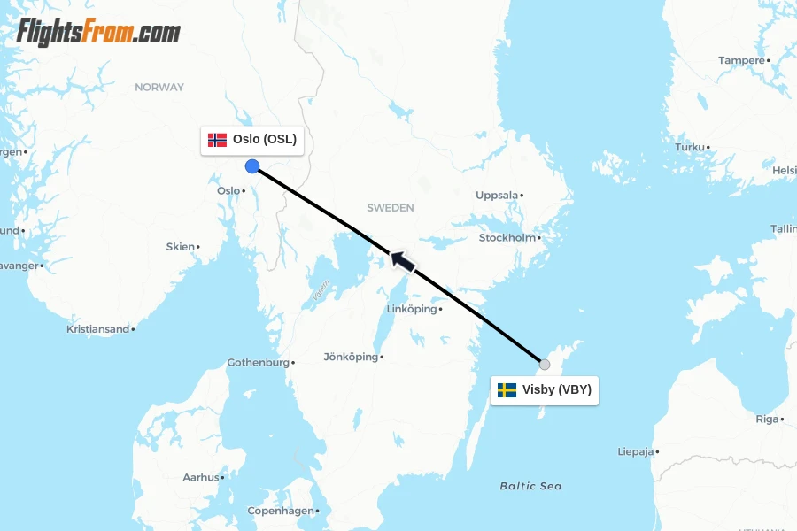 Flights from Visby to Oslo route map