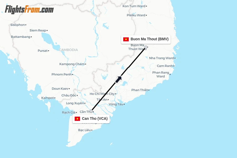 Flights from Can Tho to Buon Ma Thout route map