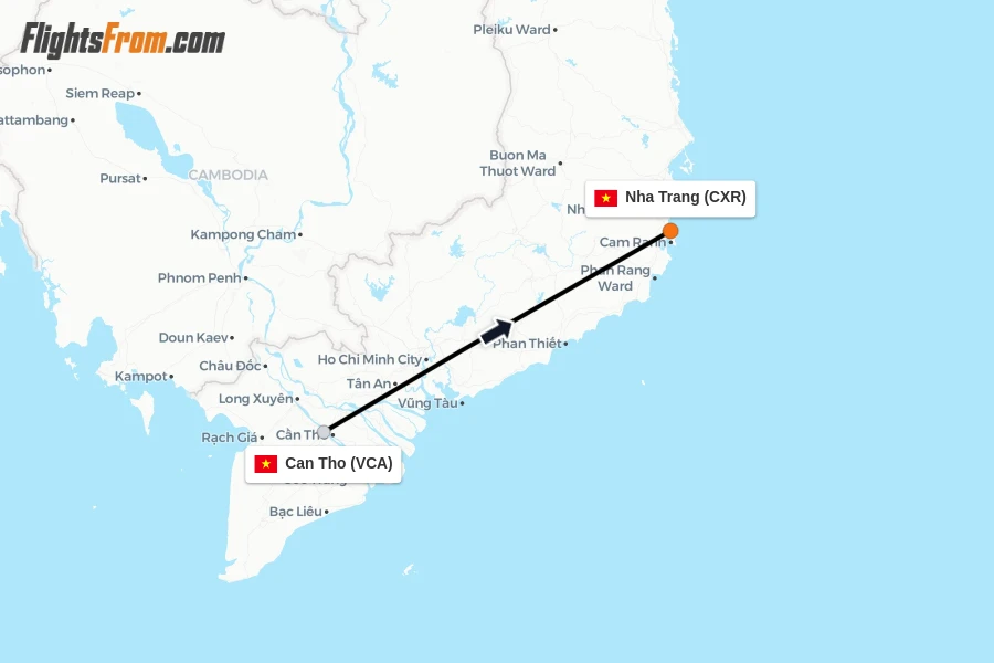 Flights from Can Tho to Nha Trang route map