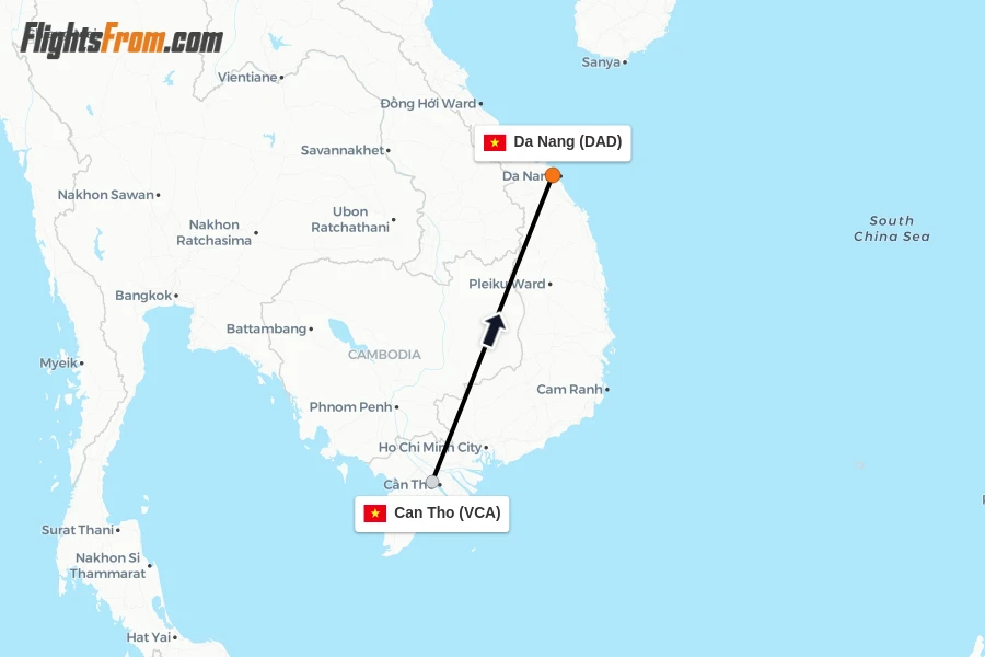 Flights from Can Tho to Da Nang route map