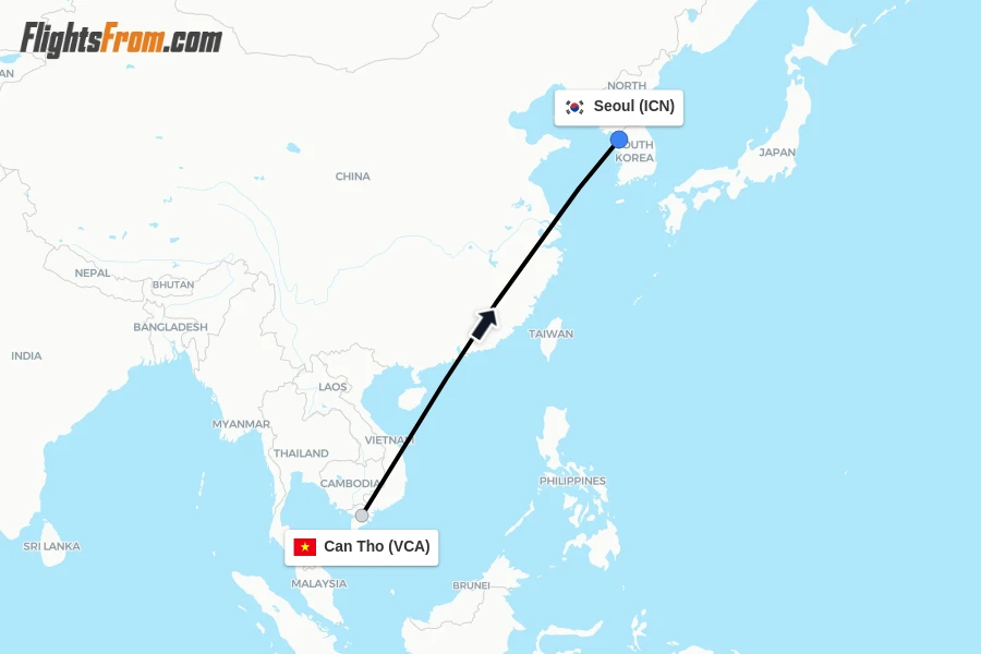 Flights from Can Tho to Seoul route map