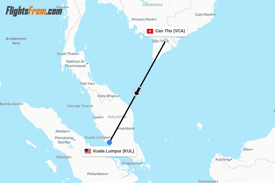 Flights from Can Tho to Kuala Lumpur route map