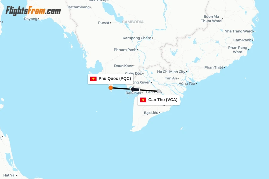 Flights from Can Tho to Phu Quoc route map