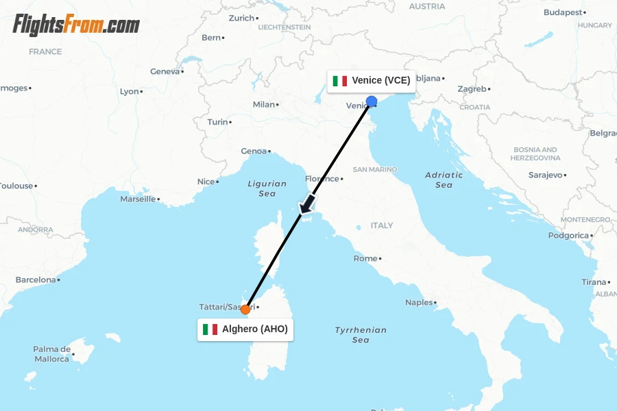 Flights from Venice to Alghero route map